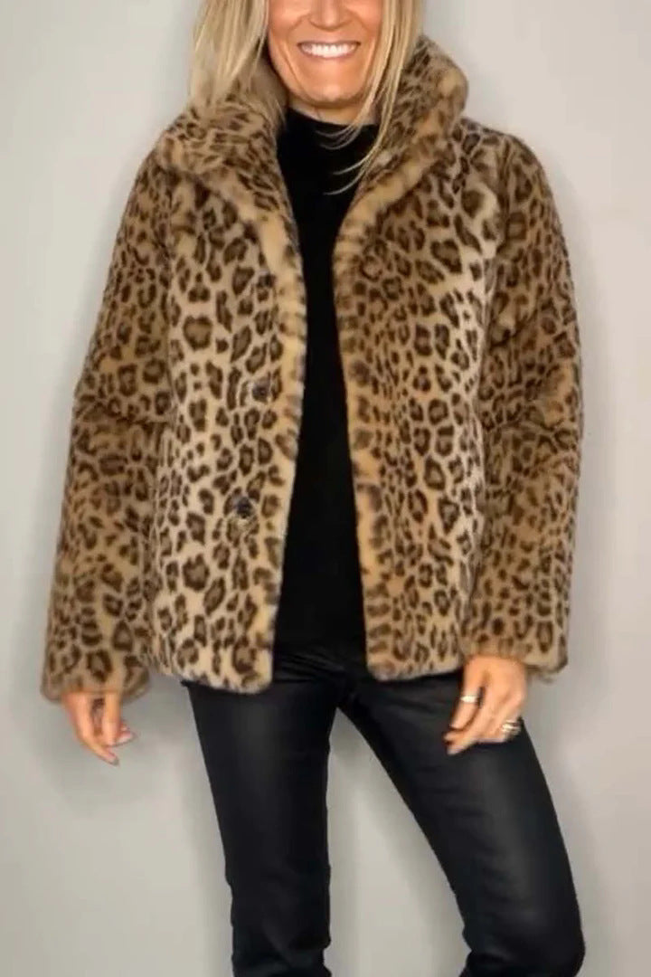 Damen Flauschige Leopardmuster Jacke mit hohem Kragen Drune