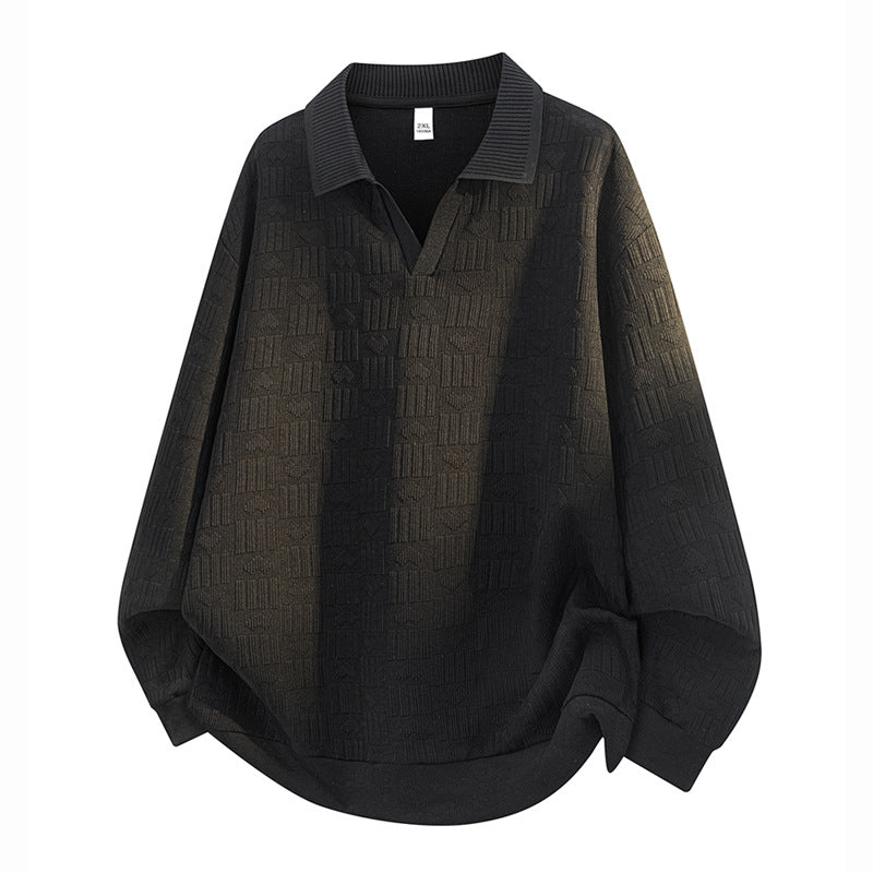 Herren Oversize Strick-Polo mit Strukturstrick, offenem V‑Ausschnitt und geripptem Kragen Drune