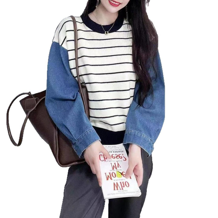 Damen modischer Sweater mit Denim-Ärmeln Drune