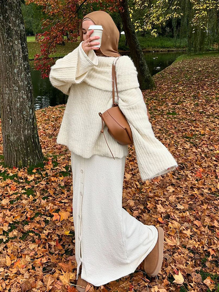 Damen Oversize Schulterfreier Rippstrick-Pullover mit weiten Glockenärmeln Drune