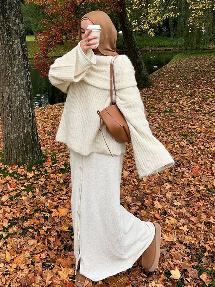 Damen Oversize Schulterfreier Rippstrick-Pullover mit weiten Glockenärmeln Drune