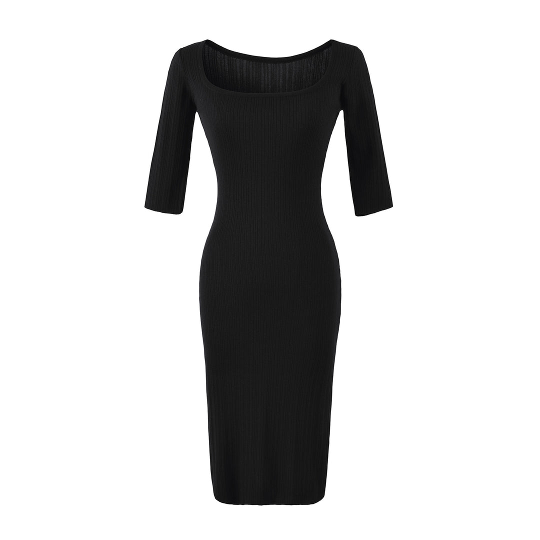 Damen Geripptes Midikleid mit quadratischem Ausschnitt und dreiviertelärmeln Drune