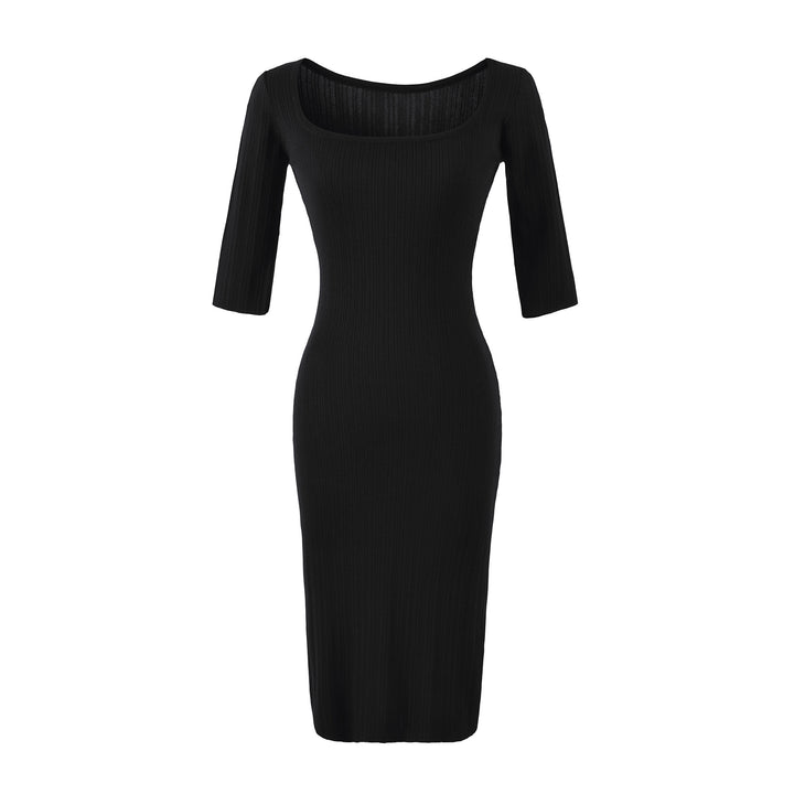 Damen Geripptes Midikleid mit quadratischem Ausschnitt und dreiviertelärmeln Drune