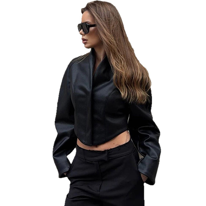 Damen Kurze Lederimitat-Jacke mit hohem Stehkragen und kastiger Boxy-Silhouette Drune