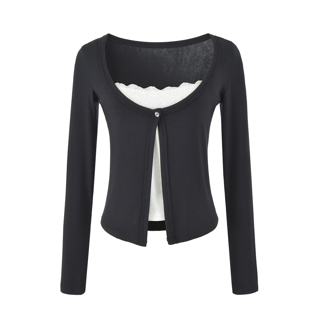 Damen Lagen-Cardigan mit integriertem Spitzen‑Cami und einreihigem Knopfverschluss Drune