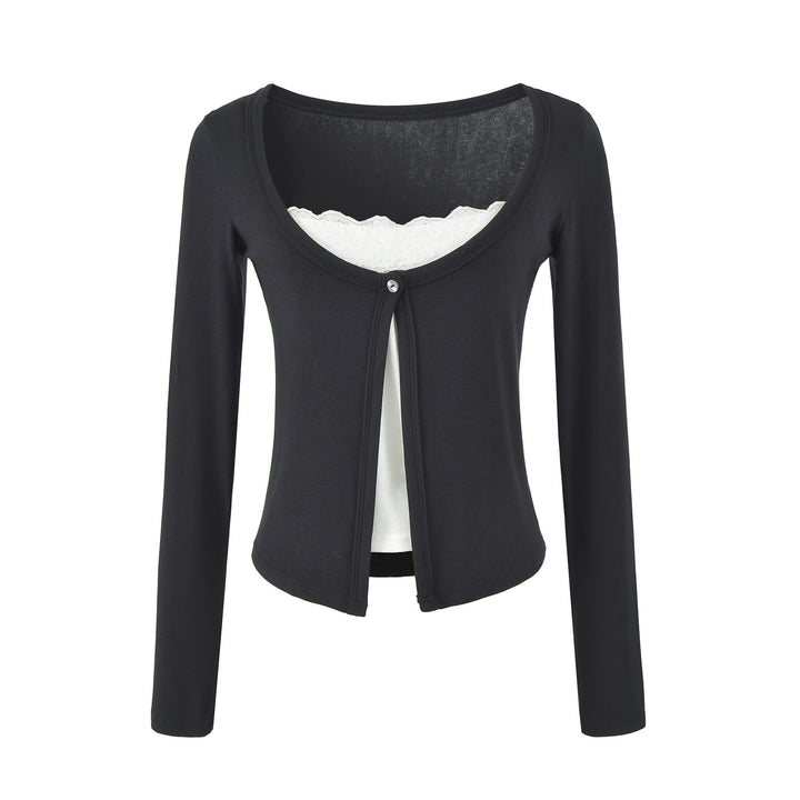 Damen Lagen-Cardigan mit integriertem Spitzen‑Cami und einreihigem Knopfverschluss Drune