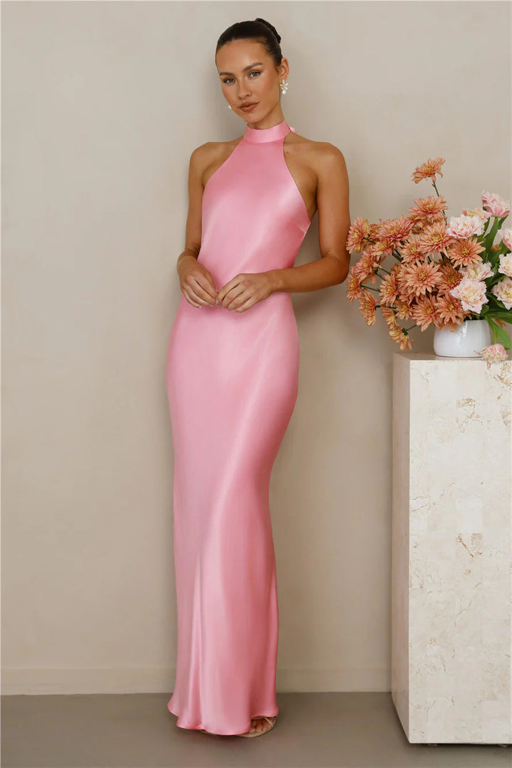Damen Elegantes Satin-Maxikleid mit hohem Kragen und körpernahem Schnitt Drune
