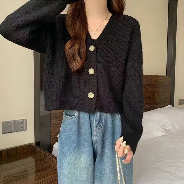 Damen lässige Strickjacke mit hochgeschlossenen Kragen und großen Knopfdetails Drune