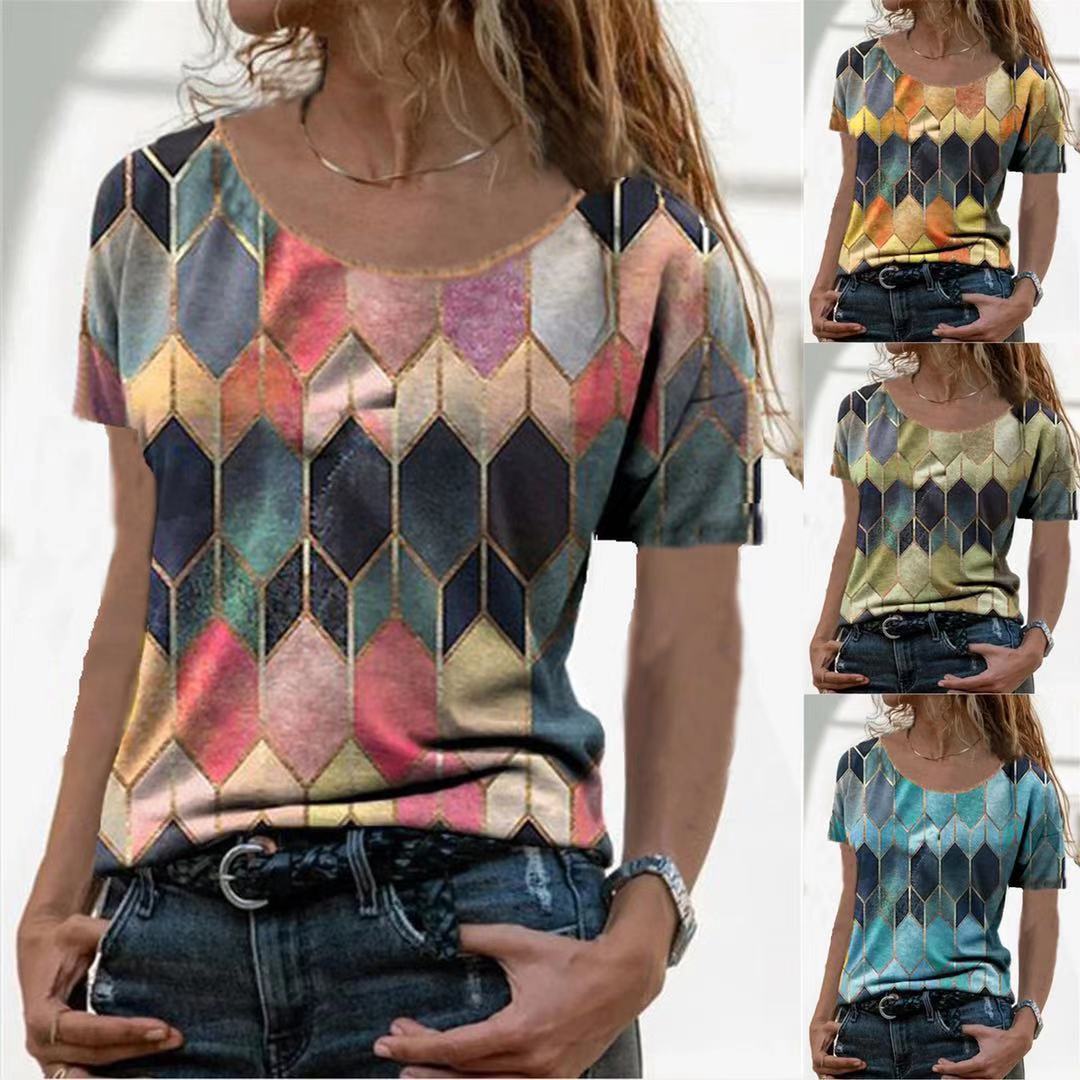Damen Kurzarm Oberteil mit geometrischem Muster Drune