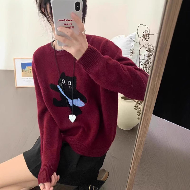 Damen kuscheliger Pullover mit Katzenmotiv Drune