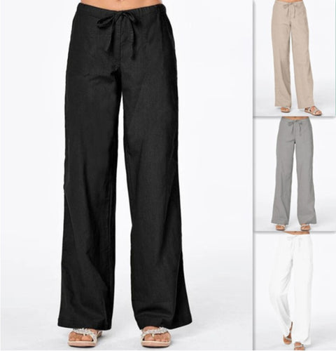 Damen weit geschnittene Leinenhose mit verstellbarem Bund und praktischen Taschen Drune
