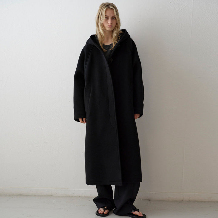 Damen Oversized Wollmantel mit Kapuze und praktischen Taschen Drune