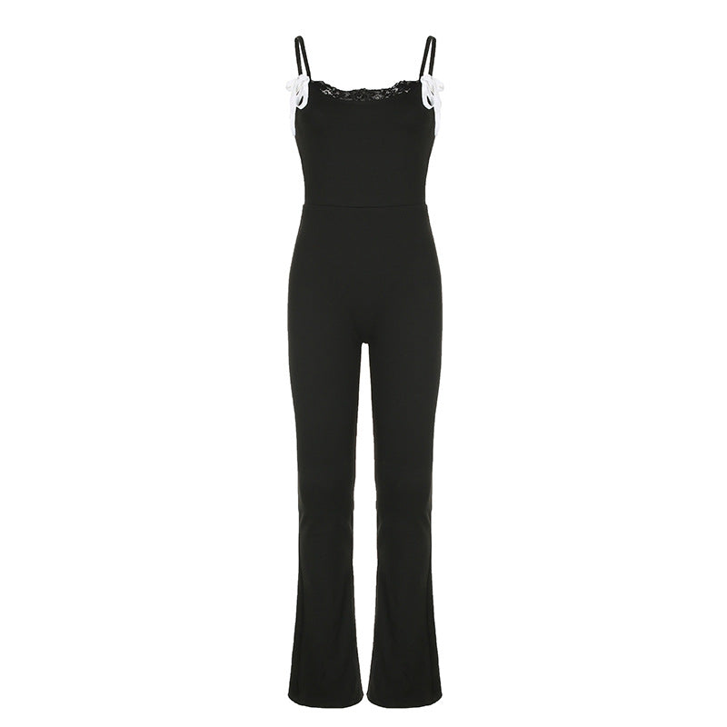 Damen Eleganter Jumpsuit mit Spitze und weitem Beinsaum Drune