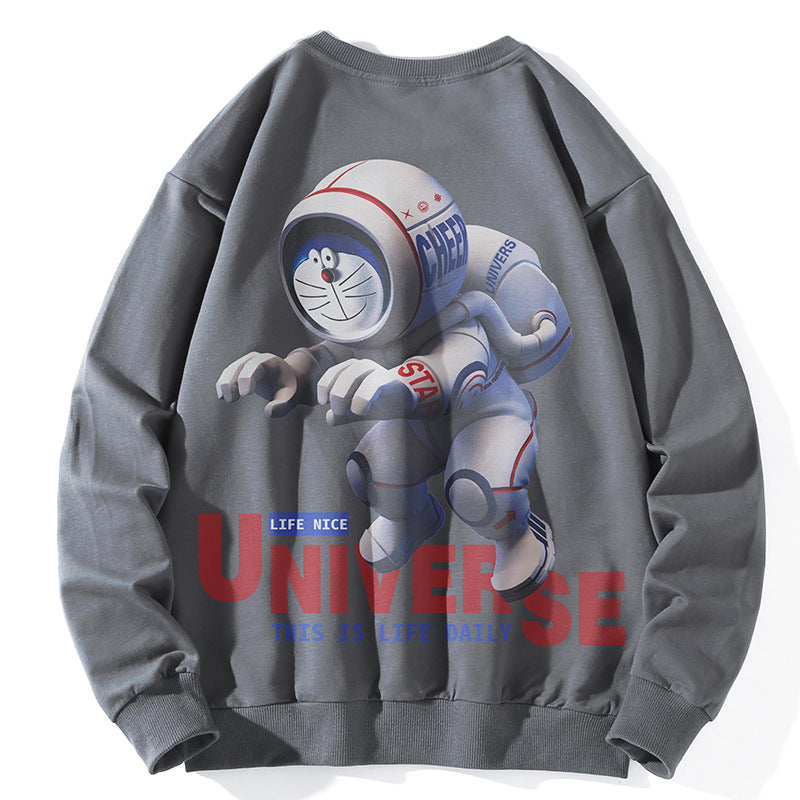 Unisex Oversize Pullover mit Cartoon-Astronauten-Frontprint, Rundhalsausschnitt und Rippbündchen Drune