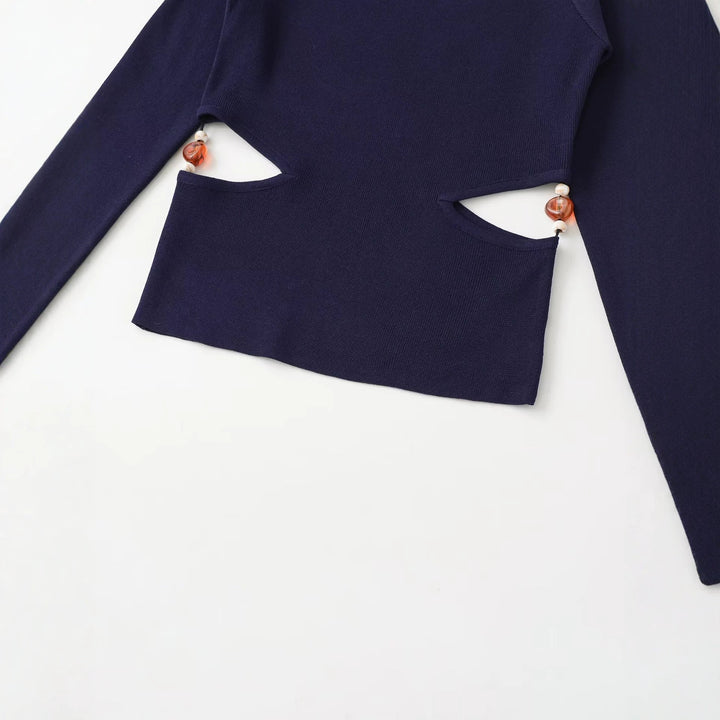 Damen Langarmshirt mit seitlichen Taillen-Aussparungen und Perlenbesatz Drune