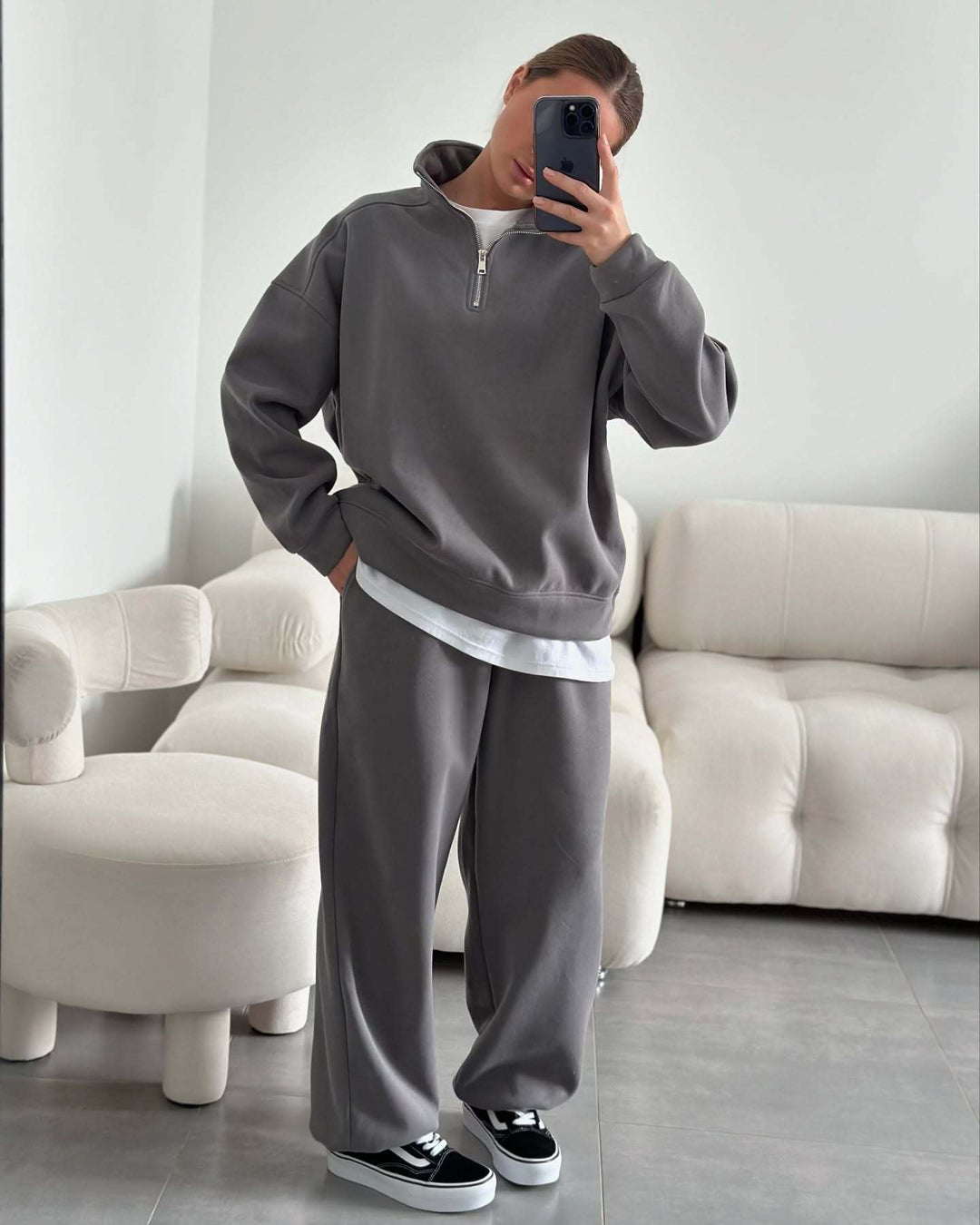 Damen Oversize Sweatshirt mit Halbzip und hohem Stehkragen Drune