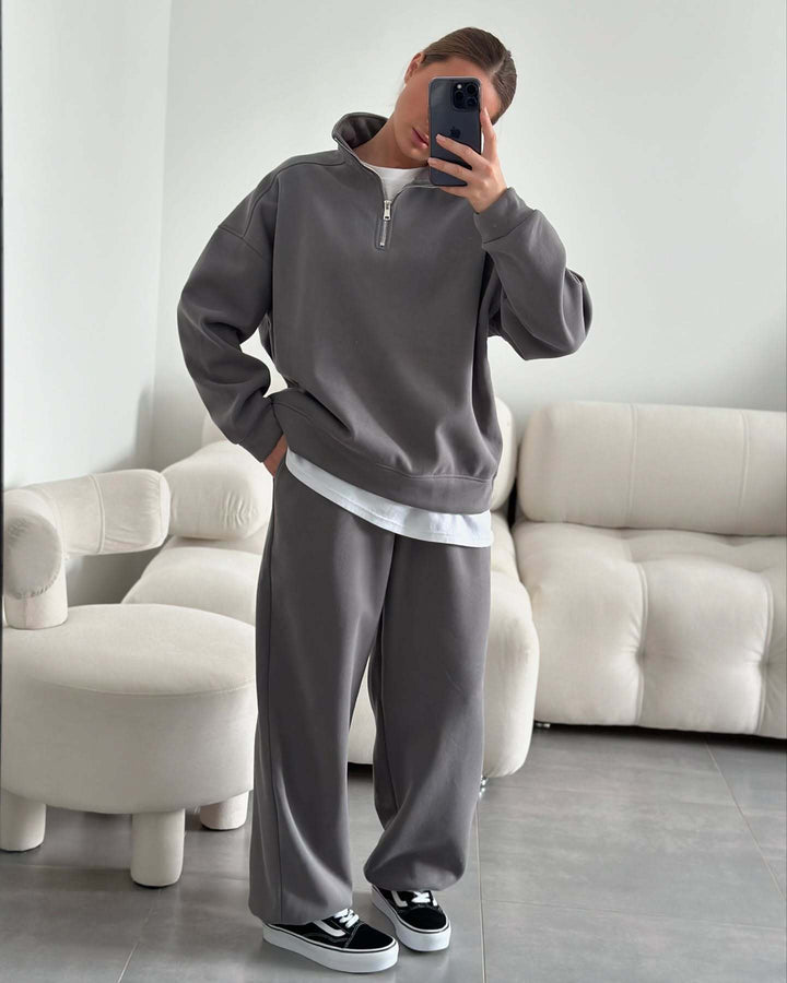 Damen Oversize Sweatshirt mit Halbzip und hohem Stehkragen Drune