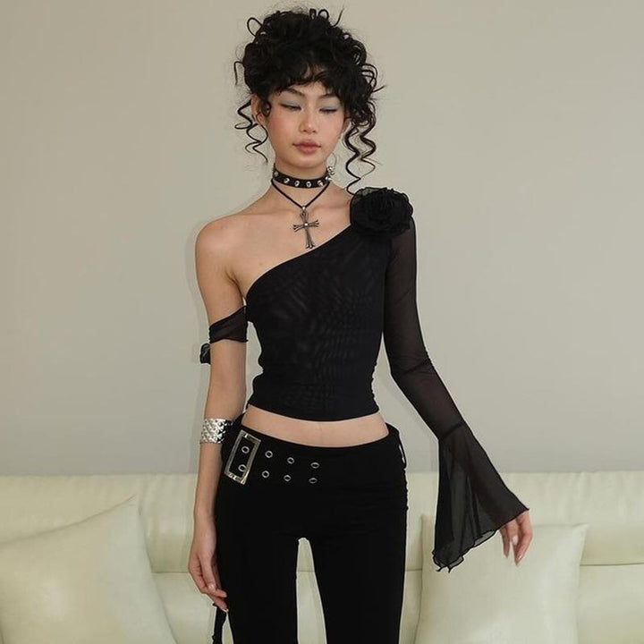Damen Off-Shoulder Oberteil mit transparenten Ärmeln und dekorativen Akzenten Drune