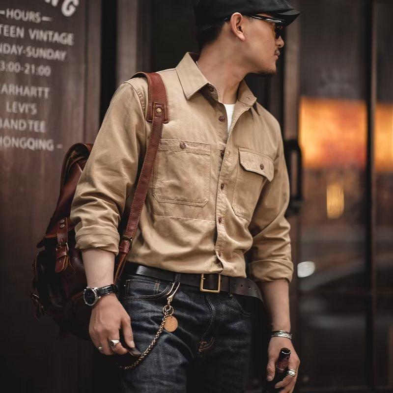 Herren Baumwoll‑Twill‑Worker‑Hemd mit Pattentaschen und kastiger Passform Drune