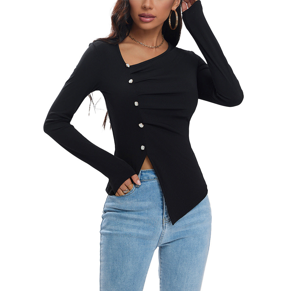 Damen asymmetrisches geripptes Longsleeve mit Diagonalknopfleiste und spitzem Saum Drune