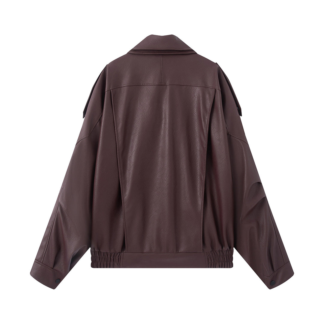 Damen nan oversized Biker-Blouson aus veganer Lederoptik mit asymmetrischem Reißverschluss, breitem Schalkragen und taillenbetonendem Gürtel Drune