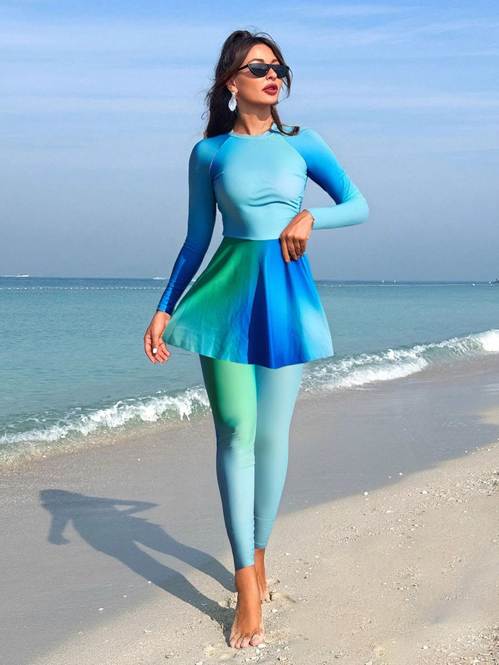 Damen Mode-Schwimmanzug mit langen Ärmeln und schwingendem Rock Drune