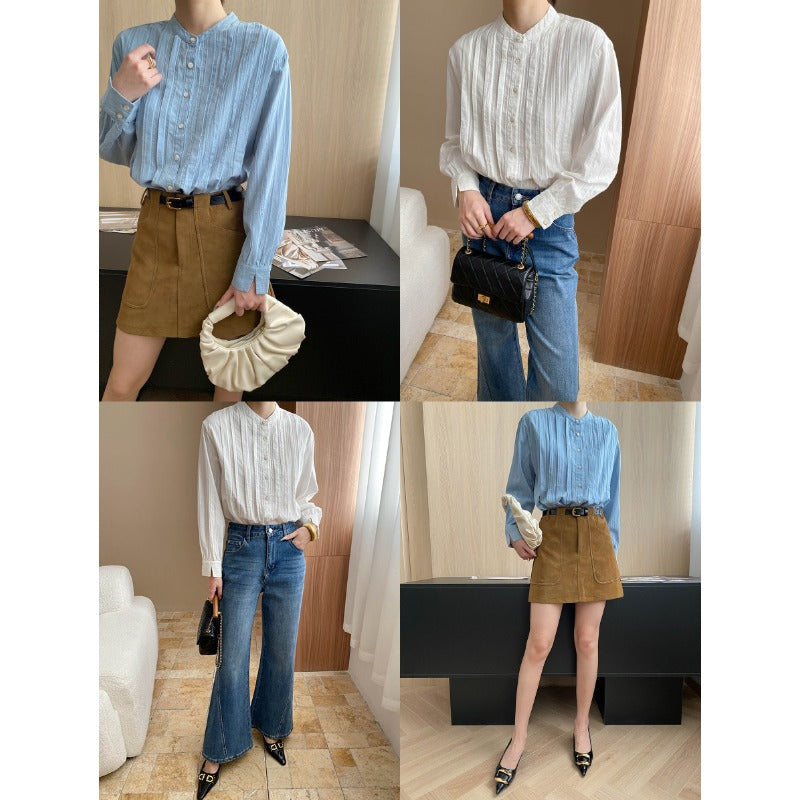 Damen kreative Bluse mit strukturierter Oberfläche und elegantem Stehkragen Drune