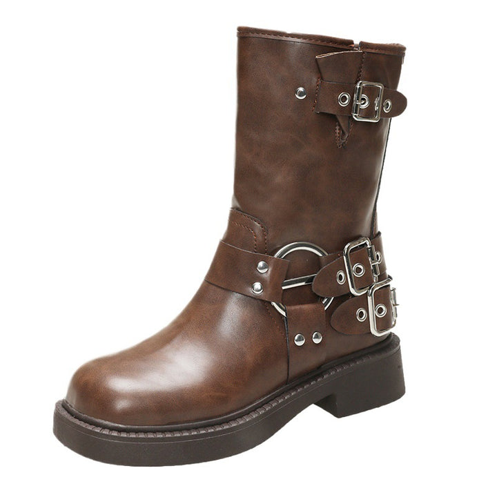Damen Stiefel mit modischen Schnallen und rutschfester Sohle Drune