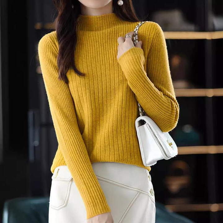 Damen eleganter Feinstrickpullover mit hohem Kragen und feinem Rippmuster Drune