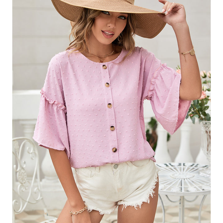Damen lässige Bluse mit Rüschendetails und Knopfleiste Drune
