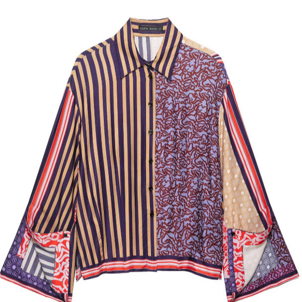 Damen Gemusterte Patchwork‑Bluse mit weitem Glockenärmel und Hemdkragen Drune