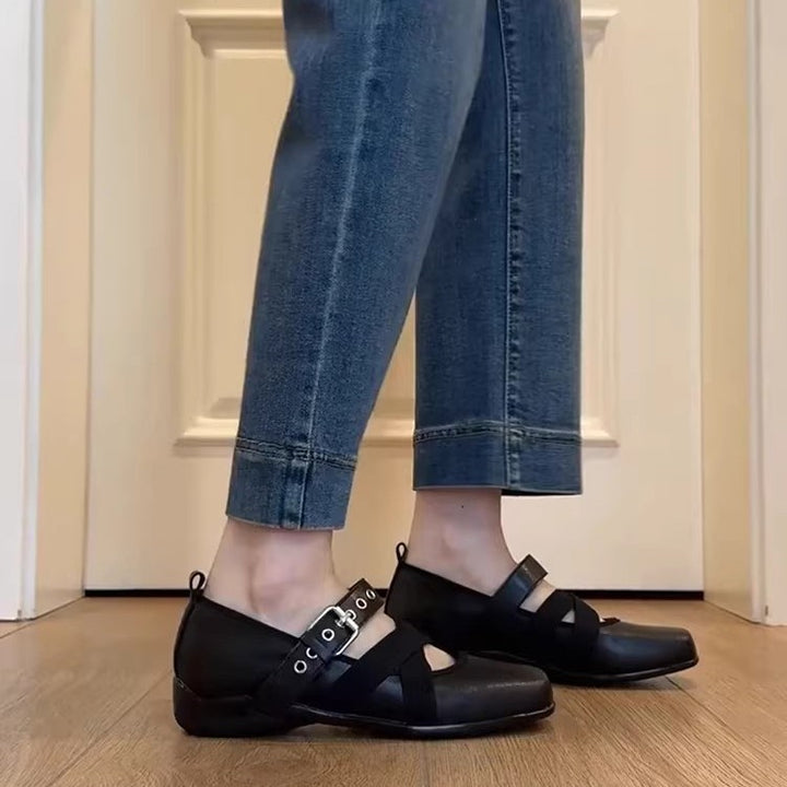 Damen Mary-Jane-Slipper mit quadratischer Zehenpartie, gekreuzten Elastikriemen und Ziergurt Drune