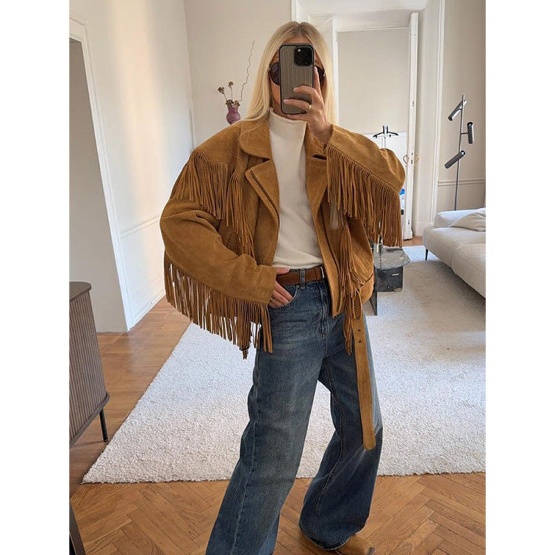 Damen Wildlederjacke mit Fransen und großzügigen Ärmeln Drune