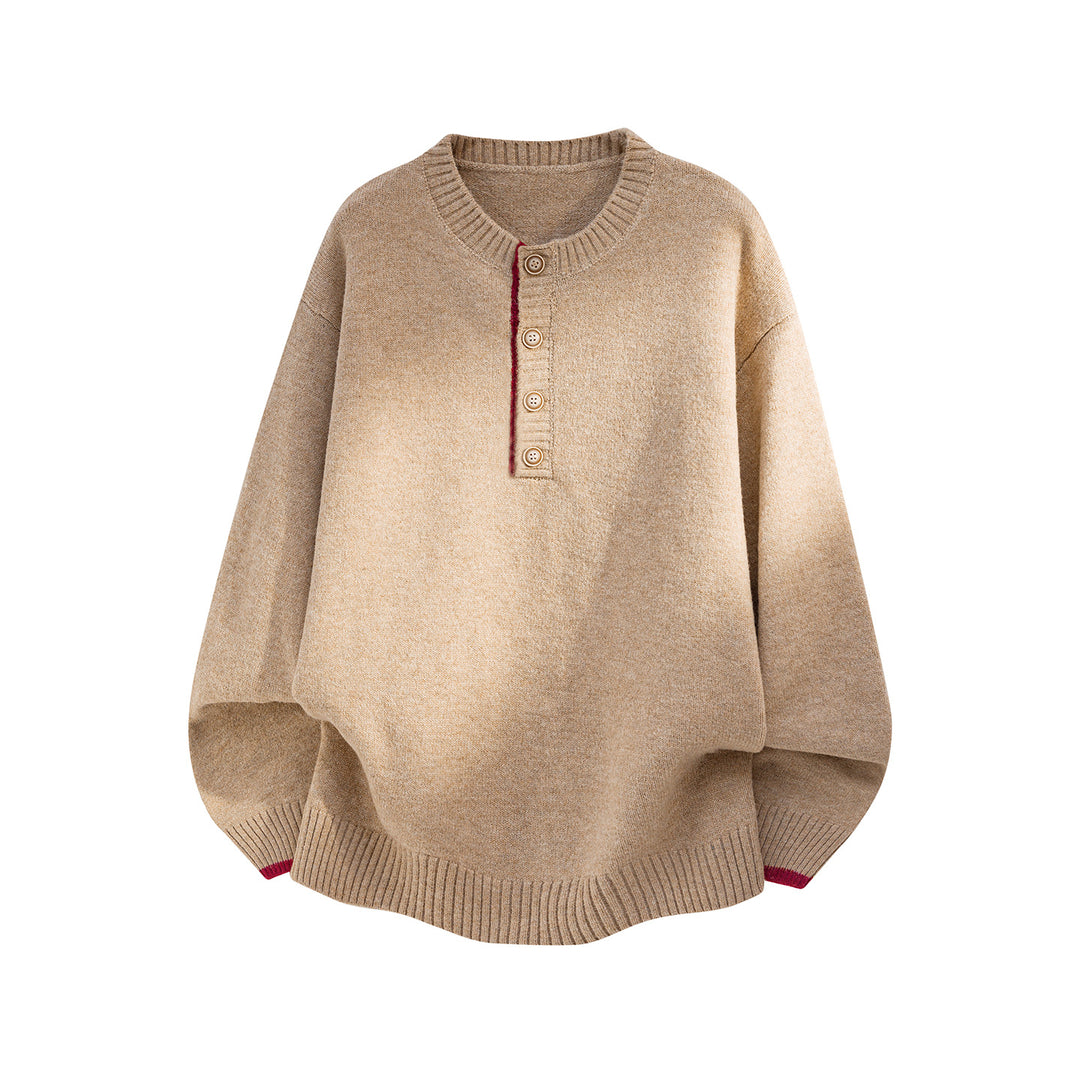 Damen Oversize Strickpullover mit Henley-Knopfleiste und kontrastierten Bündchen Drune