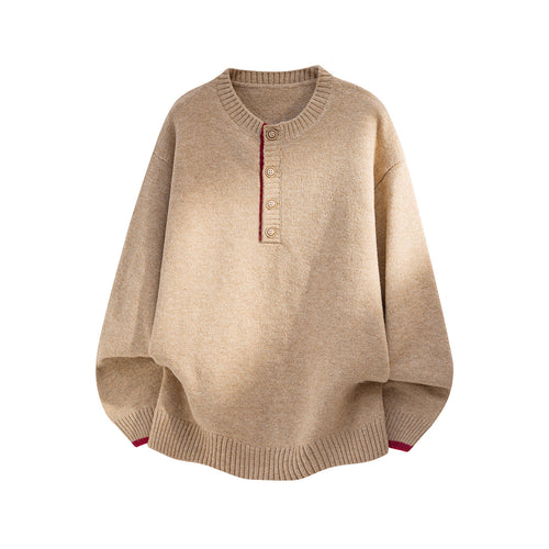 Damen Oversize Strickpullover mit Henley-Knopfleiste und kontrastierten Bündchen Drune