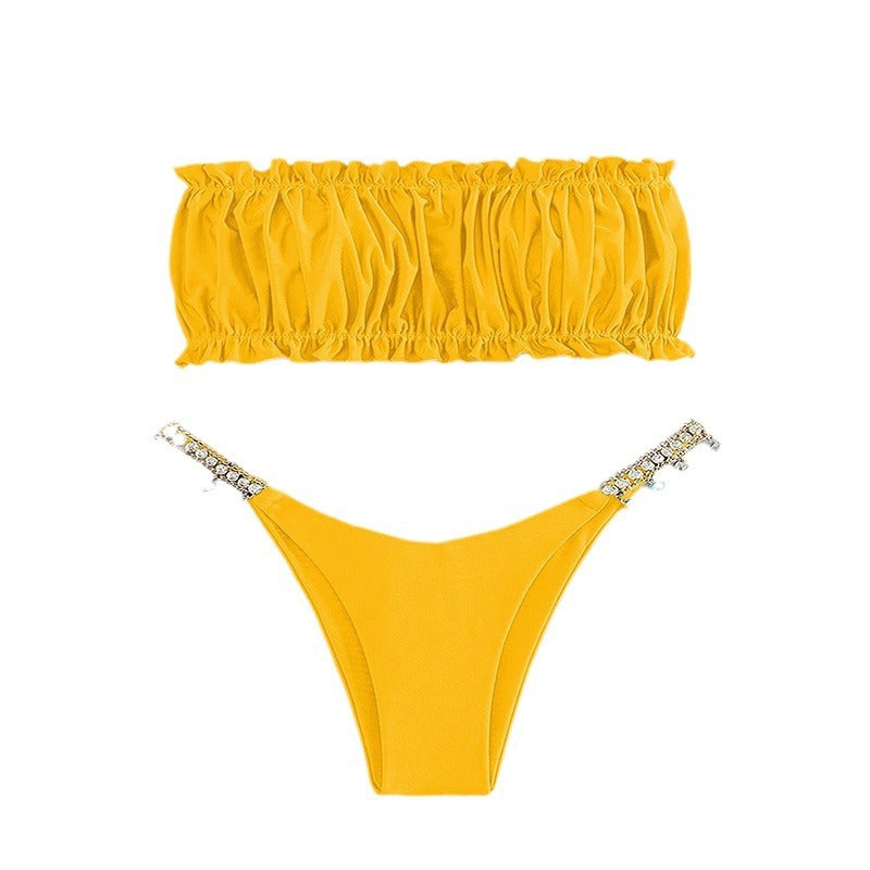 Damen Bandeau-Bikini mit raffinierten Rüschendetails und funkelnden Schmuckelementen Drune