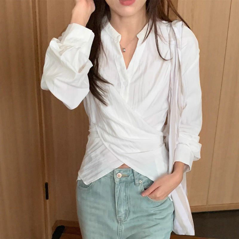 Damen Wickelbluse mit geraffter Taille und Ballonärmeln Drune