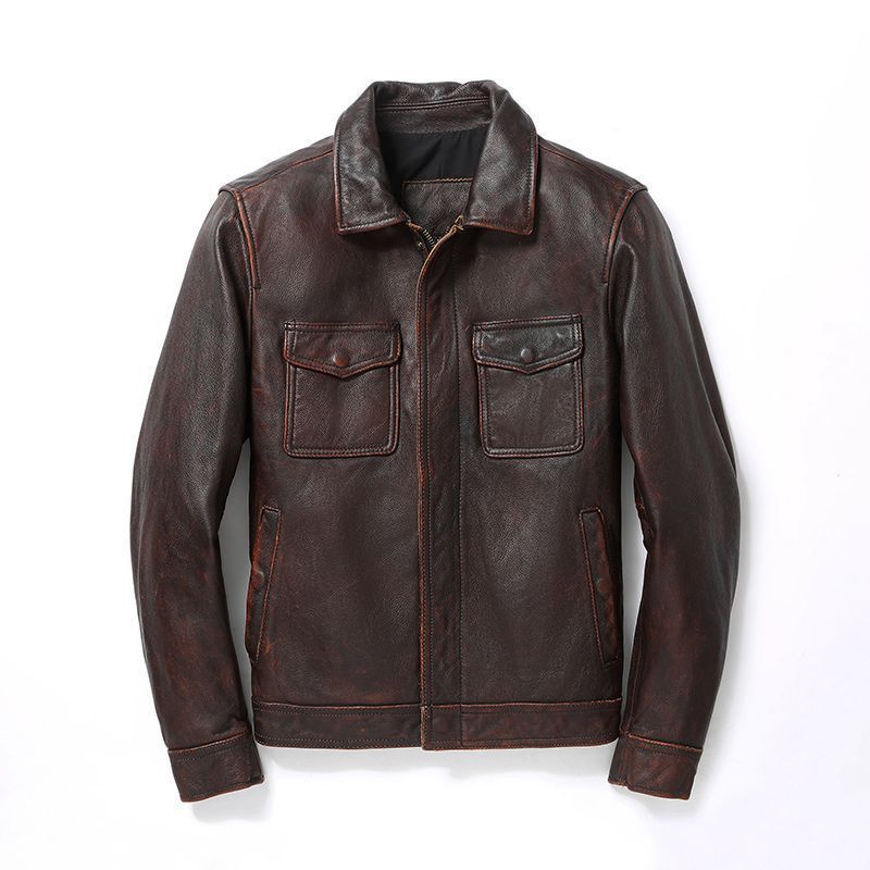 Herren Lederjacke im Worker-Stil mit Brusttaschen und durchgehendem Reißverschluss Drune