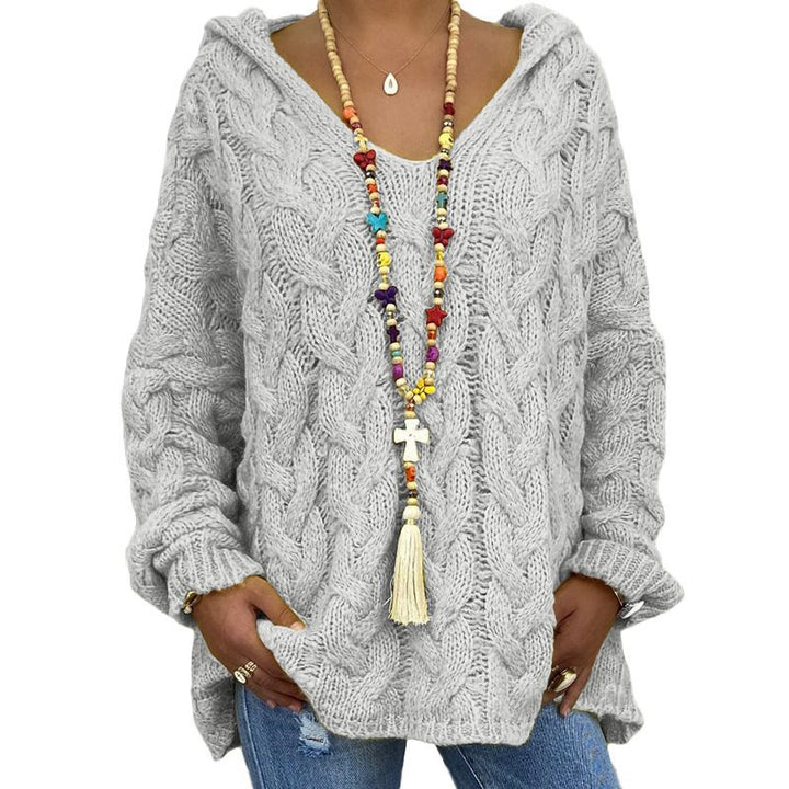 Damen Oversized Zopfmuster-Strickpullover mit Kapuze und lässigem V‑Ausschnitt Drune