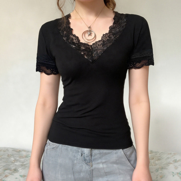 Damen T-Shirt mit Spitzenbesatz und V-Ausschnitt Drune