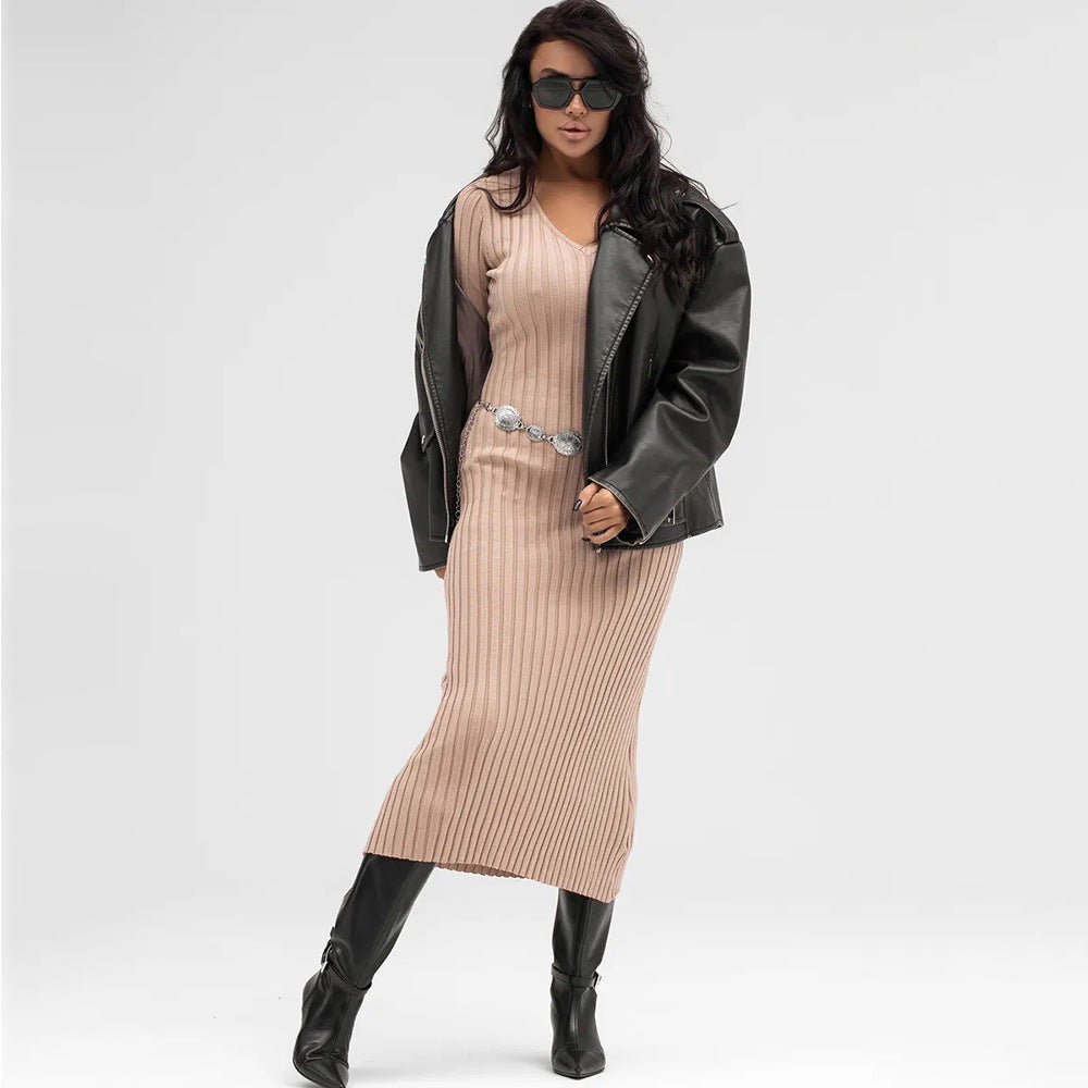 Damen Strickkleid mit tiefem V-Ausschnitt und Rippenstruktur Drune