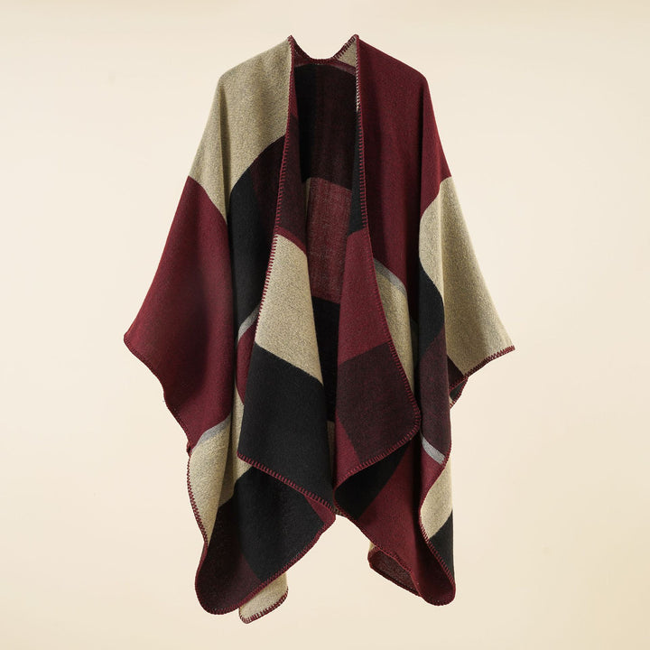 Damen Dreieckiger Strickponcho mit geometrischem Jacquardmuster und Ziernaht Drune