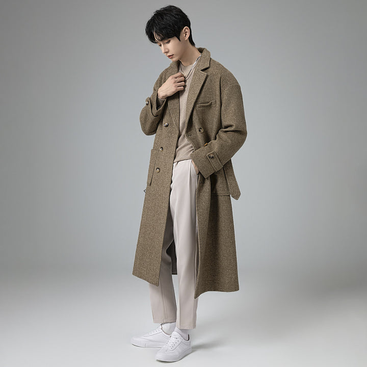Herren Maxilanger Wollmix-Mantel im Tweed-Look mit Oversize-Schnitt, Doppelreihe und Bindegürtel Drune