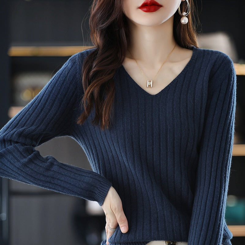 Damen Strickpullover mit feiner Rippenstruktur und V-Ausschnitt Drune