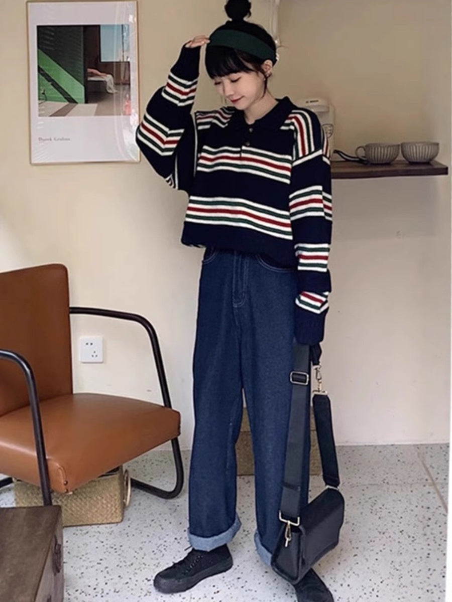 Damen Oversize Polokragen-Strickpullover mit maritimen Blockstreifen und kastiger Cropped-Silhouette Drune