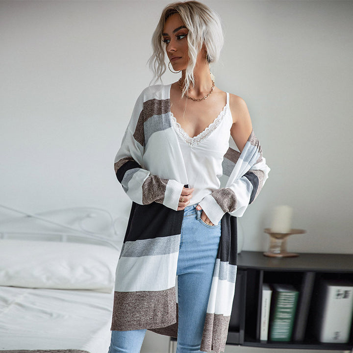 Damen Langer Offener Strickcardigan mit Blockstreifen, Leichtem Fall und Eingrifftaschen Drune
