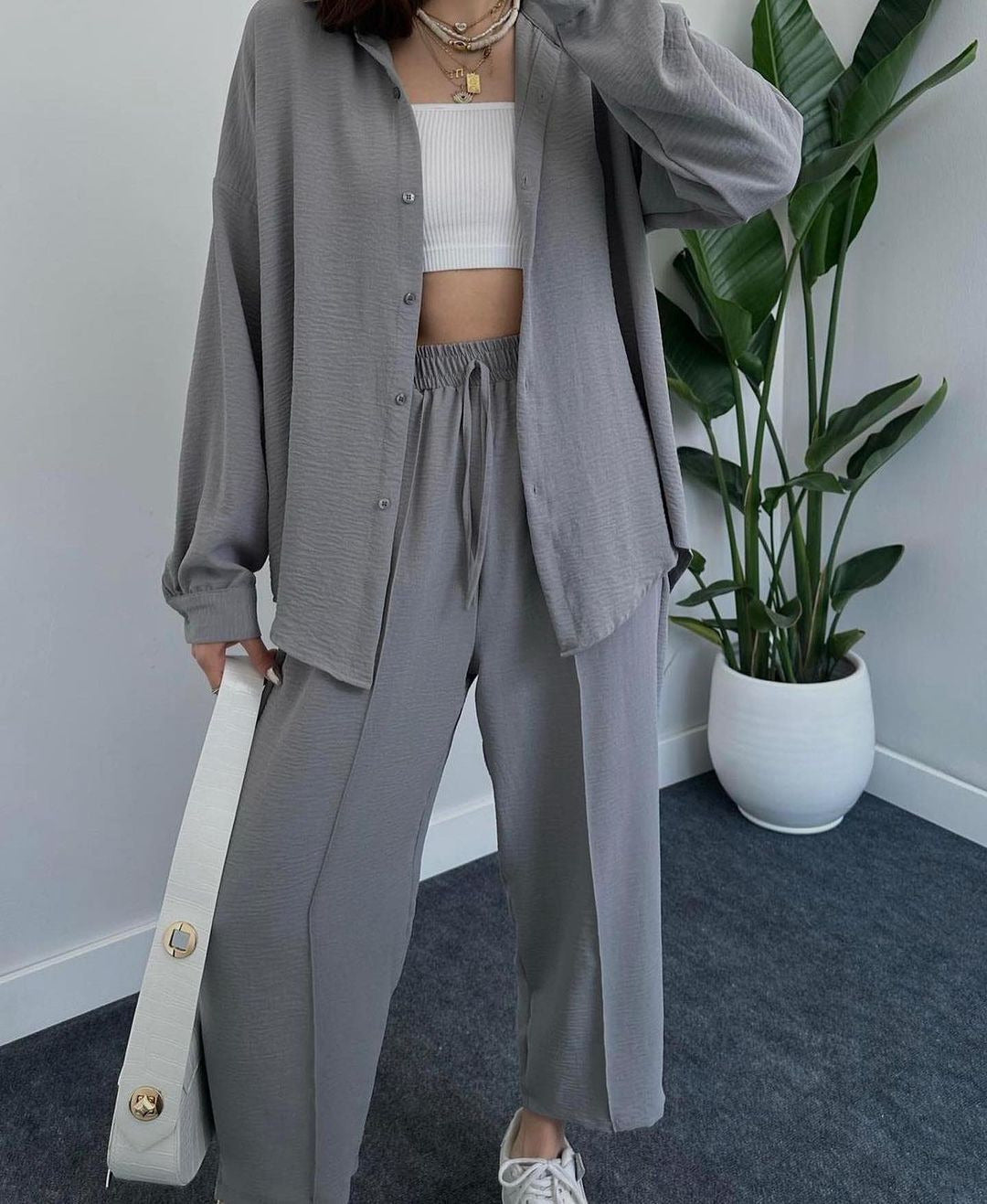 Damen Lässiges zweiteiliges Lounge-Set aus Crêpe mit Oversize-Hemd und hohem Elastikbund Drune