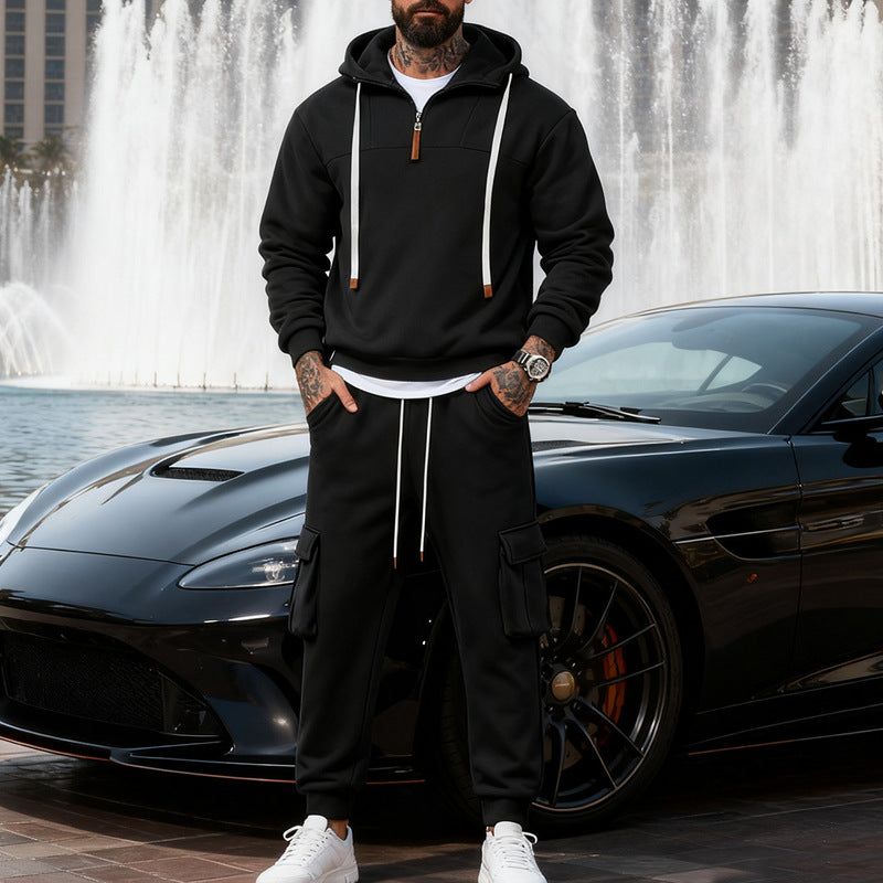 Herren nan lässiger Fleece-Jogginganzug mit halbem Reißverschluss und Cargo-Taschen Drune