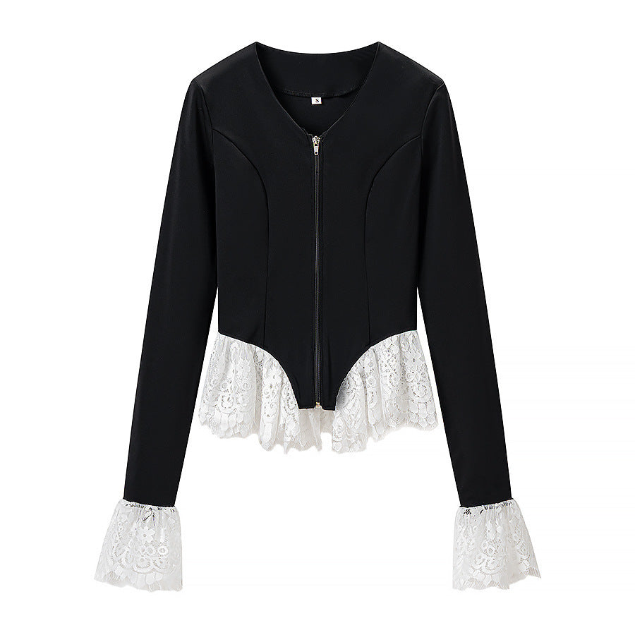 Damen Taillierte Zip‑Jacke mit Spitzenvolant am Saum und Ärmelabschluss Drune