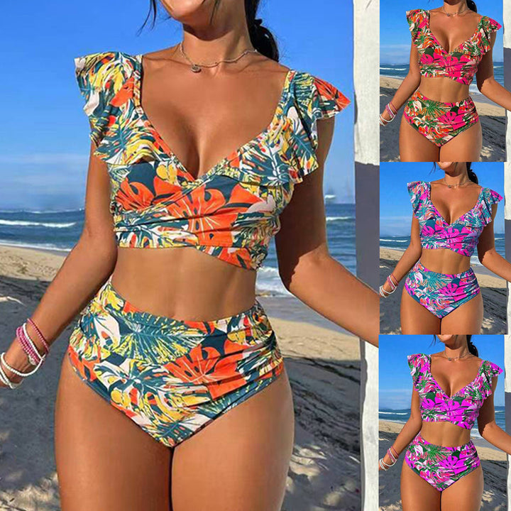 Damen Hoch-tailliertes Badebikini mit verspielten Rüschendetails Drune